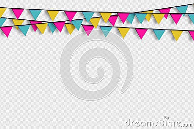 Bunting hanging banner with shadow on transoarent background. Hanging triangular flags, Ñolorful garlands for holiday decoration. Vector Illustration